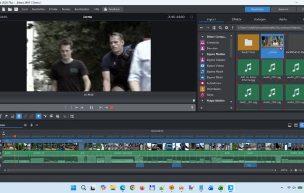 Benutzeroberfläche von MAGIX Video deluxe 2026 Plus mit Timeline und Vorschaumonitor.