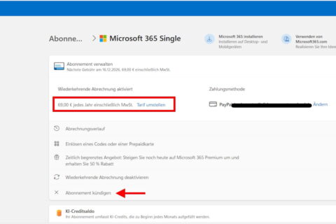 Screenshot der Microsoft-Konto-Verwaltung zum Kündigen des Microsoft 365 Single Abos.