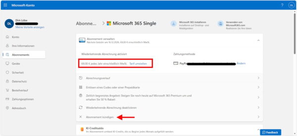 Screenshot der Microsoft-Konto-Verwaltung zum Kündigen des Microsoft 365 Single Abos.