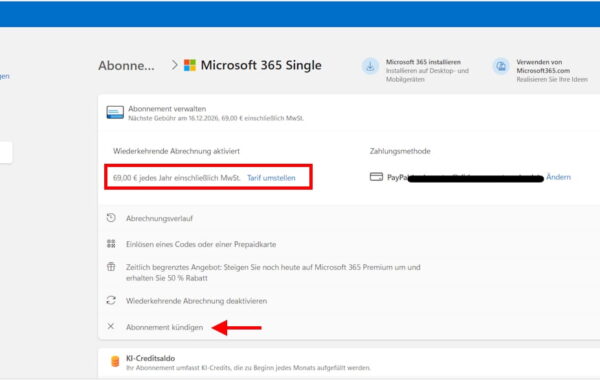 Screenshot der Microsoft-Konto-Verwaltung zum Kündigen des Microsoft 365 Single Abos.