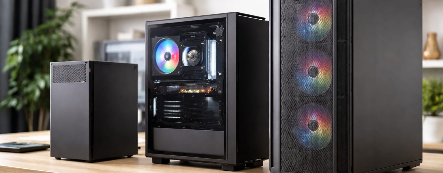 Vergleich verschiedener PC-Gehäusegrößen mit einem Midi Tower Gehäuse zwischen Mini Tower und Big Tower