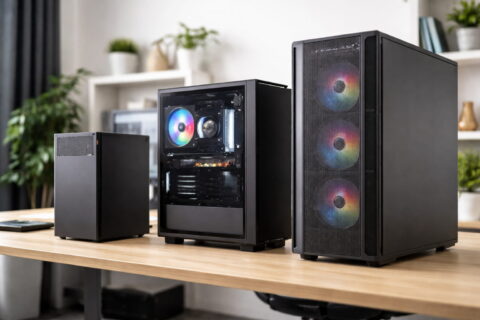 Vergleich verschiedener PC-Gehäusegrößen mit einem Midi Tower Gehäuse zwischen Mini Tower und Big Tower