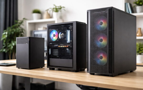 Vergleich verschiedener PC-Gehäusegrößen mit einem Midi Tower Gehäuse zwischen Mini Tower und Big Tower