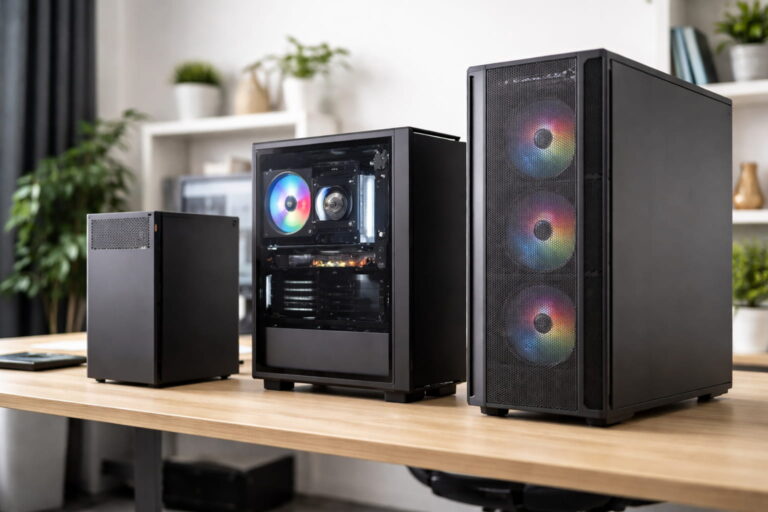 Vergleich verschiedener PC-Gehäusegrößen mit einem Midi Tower Gehäuse zwischen Mini Tower und Big Tower