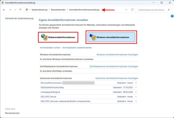 Übersicht der Anmeldeinformationsverwaltung in Windows mit Web- und Windows-Anmeldeinformationen
