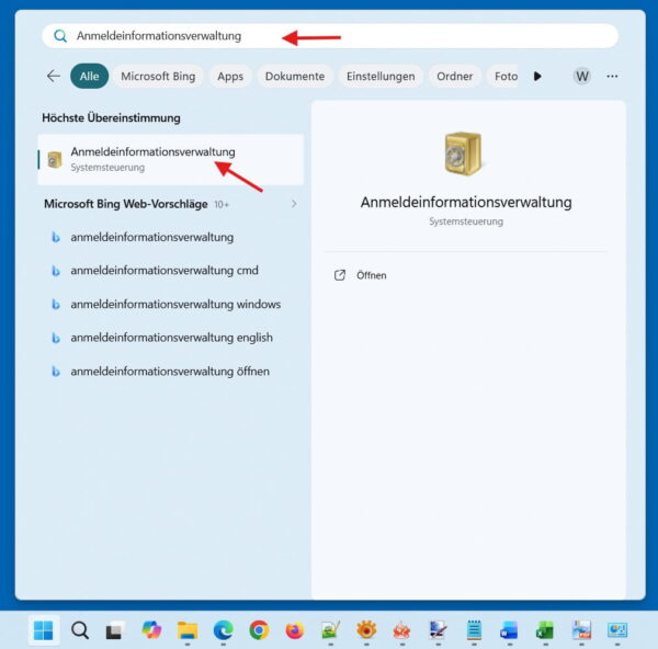 Anmeldeinformationsverwaltung in Windows über die Suche im Startmenü öffnen