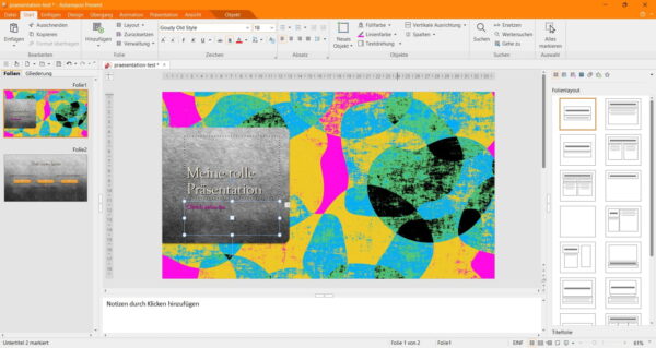Ashampoo Office 9 Present im Alltag – Präsentationen einfach erstellen Ashampoo Office 9 Present Präsentationssoftware mit geöffneter Folie und Layout-Auswahl