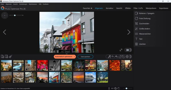 Oberfläche von Ashampoo Photo Optimizer Pro 26 im Überblick Ashampoo Photo Optimizer Pro 26 Oberfläche mit Bildvorschau und Werkzeugleiste