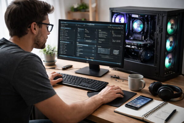 PC-Nutzer arbeitet im BIOS und optimiert Einstellungen eines Mainboards am geöffneten Desktop-Computer