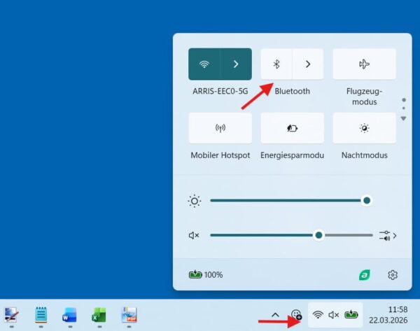 Bluetooth in Windows über Schnellaktionen in der Taskleiste aktivieren