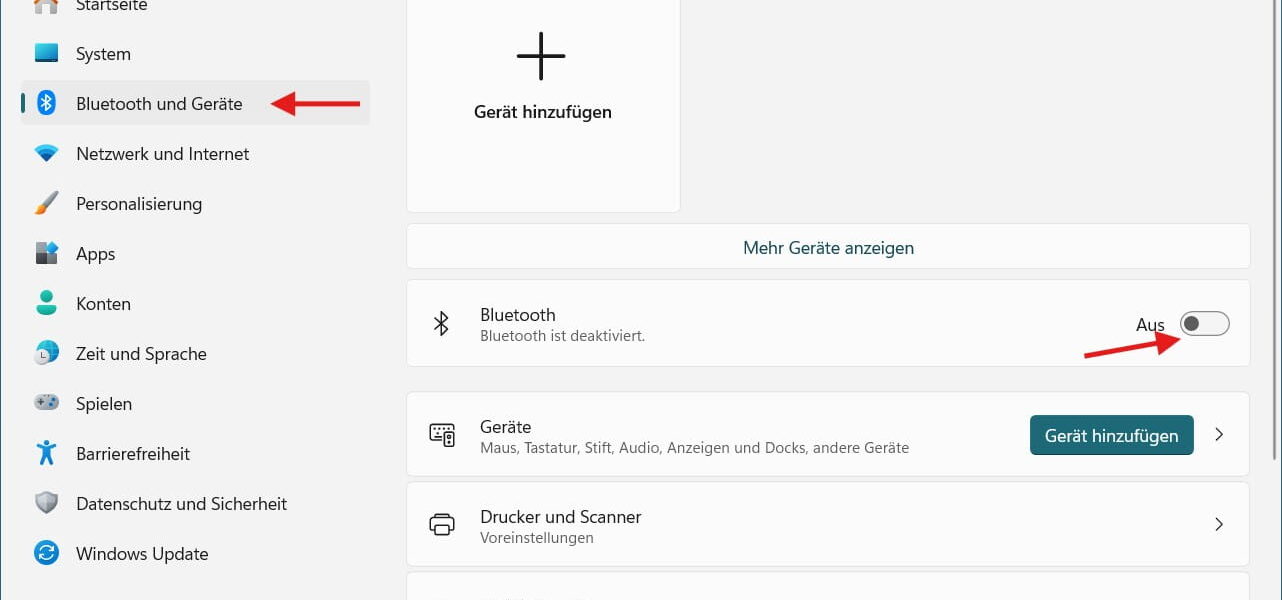 Bluetooth in Windows über die Einstellungen aktivieren oder deaktivieren