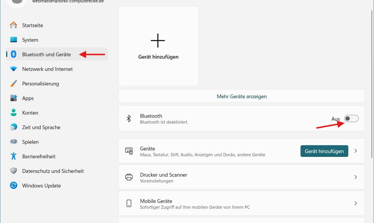 Bluetooth in Windows über die Einstellungen aktivieren oder deaktivieren