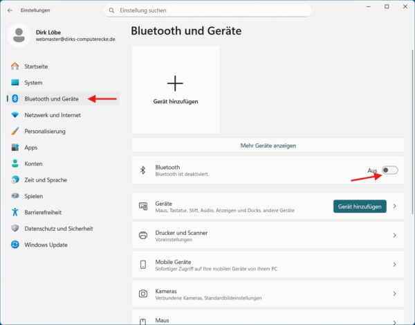 Bluetooth in Windows über die Einstellungen aktivieren oder deaktivieren