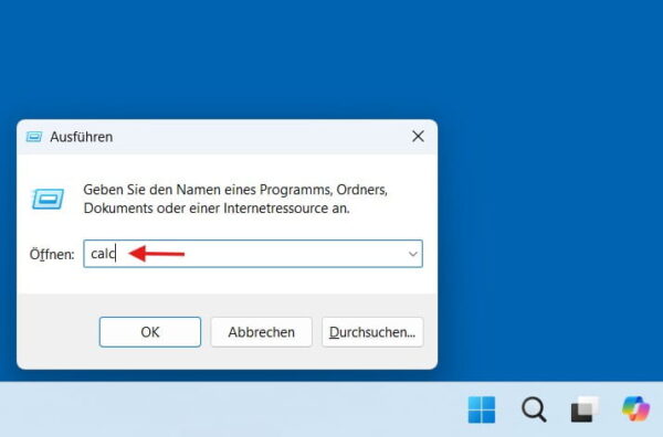 Windows Ausführen-Dialog mit dem Befehl calc zum Starten des Taschenrechners.