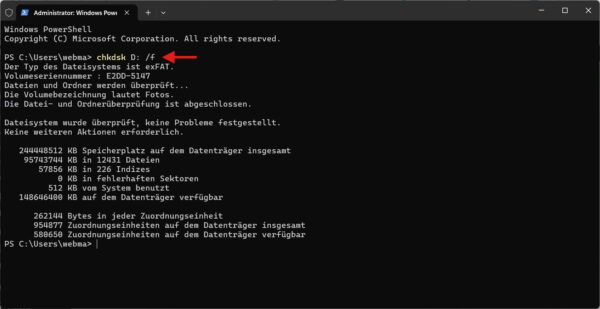 Ergebnis einer abgeschlossenen chkdsk-Prüfung auswerten chkdsk-Ergebnis ohne gefundene Fehler im Windows Terminal