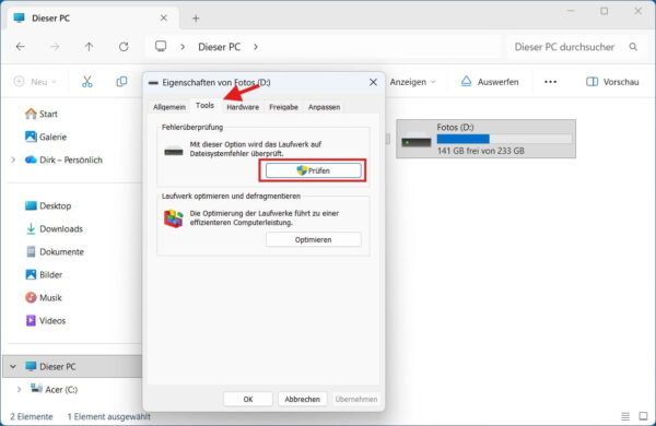 chkdsk-Prüfung über die Laufwerkseigenschaften starten Festplatte mit chkdsk über die Fehlerüberprüfung im Windows-Explorer prüfen
