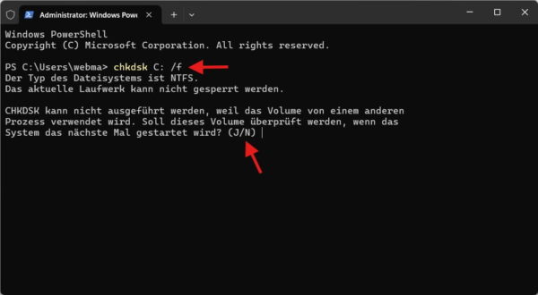 Systemlaufwerk C mit chkdsk beim Neustart prüfen chkdsk C mit dem Parameter f für den nächsten Windows-Neustart einplanen