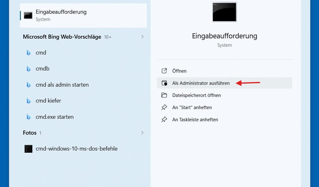 Windows 11 Suche nach CMD mit Markierung der Option Als Administrator ausführen