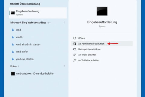 Windows 11 Suche nach CMD mit Markierung der Option Als Administrator ausführen