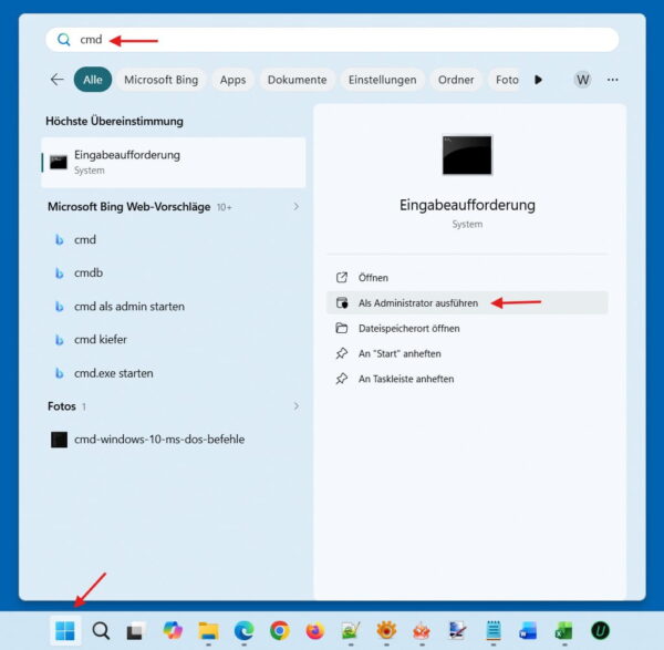 Windows 11 Suche nach CMD mit Markierung der Option Als Administrator ausführen
