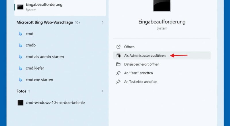 Windows 11 Suche nach CMD mit Markierung der Option Als Administrator ausführen