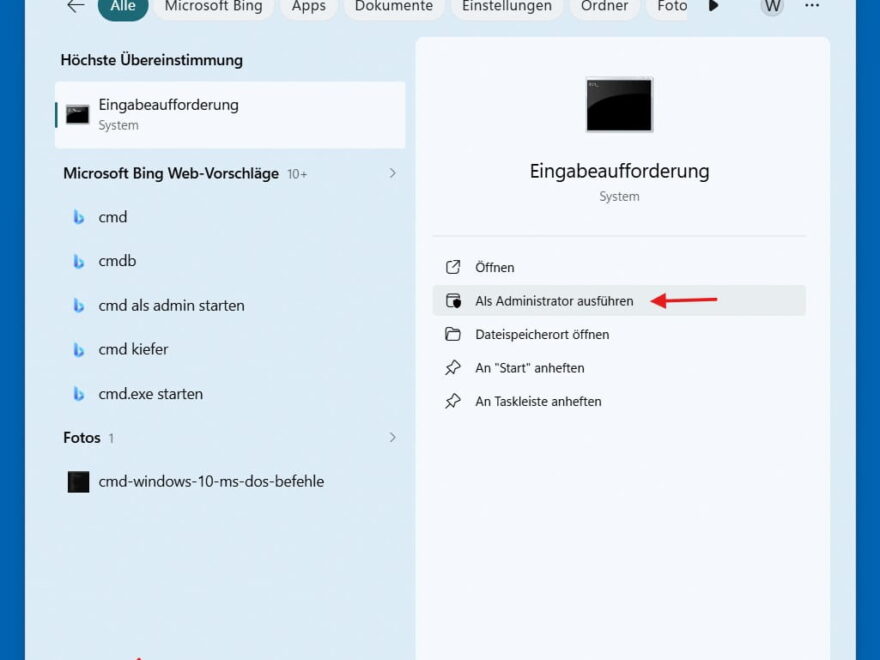 Windows 11 Suche nach CMD mit Markierung der Option Als Administrator ausführen