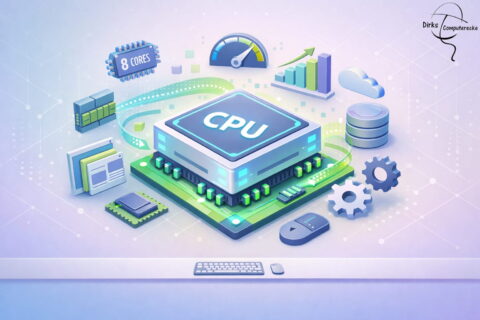 CPU Prozessor Illustration mit Kernen, Leistung und Datenverarbeitung einfach erklärt