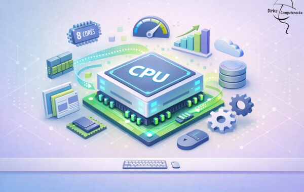 CPU Prozessor Illustration mit Kernen, Leistung und Datenverarbeitung einfach erklärt