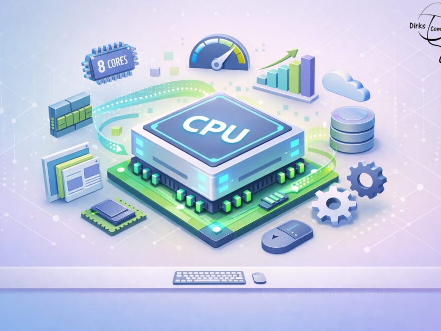 CPU Prozessor Illustration mit Kernen, Leistung und Datenverarbeitung einfach erklärt