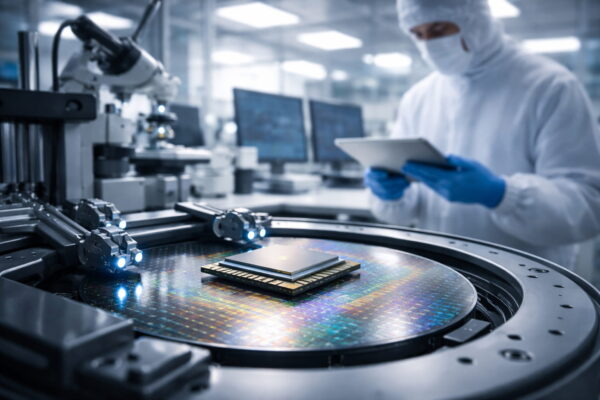 Moderne CPU-Technologie und Chip-Fertigung in einer Halbleiterproduktion Moderner CPU Prozessor auf Halbleiter-Wafer in Hightech-Fertigungsumgebung