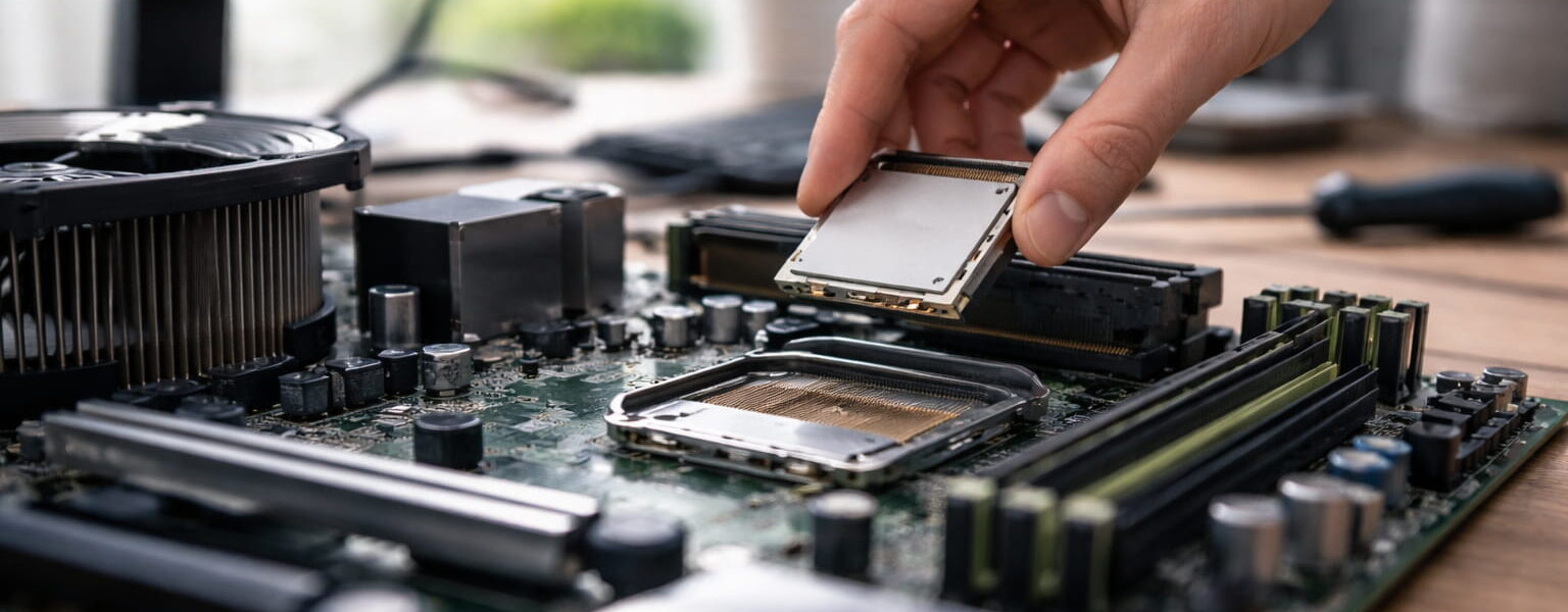 CPU Prozessor wird auf Mainboard eingesetzt als zentrales Bauteil im Computer
