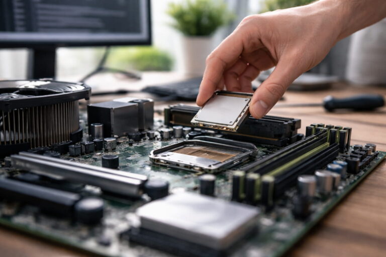 CPU Prozessor wird auf Mainboard eingesetzt als zentrales Bauteil im Computer