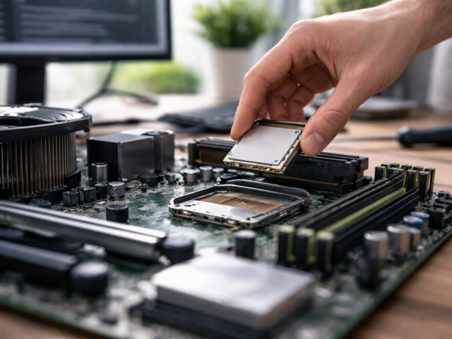 CPU Prozessor wird auf Mainboard eingesetzt als zentrales Bauteil im Computer