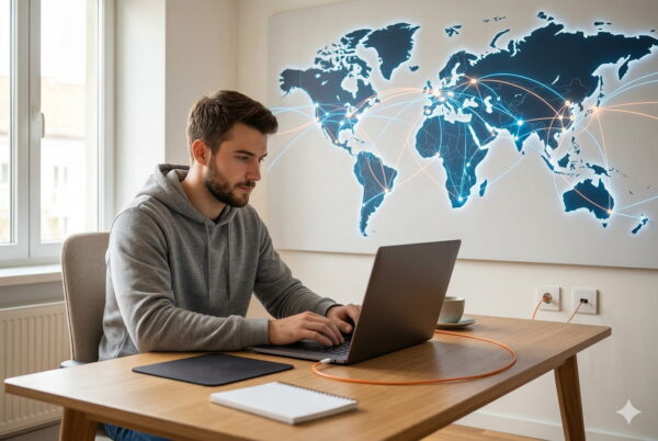 Ein Mann am Laptop vor einer leuchtenden Weltkarte, die globale Internet-Verbindungen und Datenwege symbolisiert.