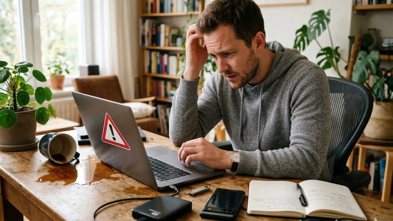 Typische Ursachen für Datenverlust unter Windows – Alltagssituation mit Laptop und externem Speicher