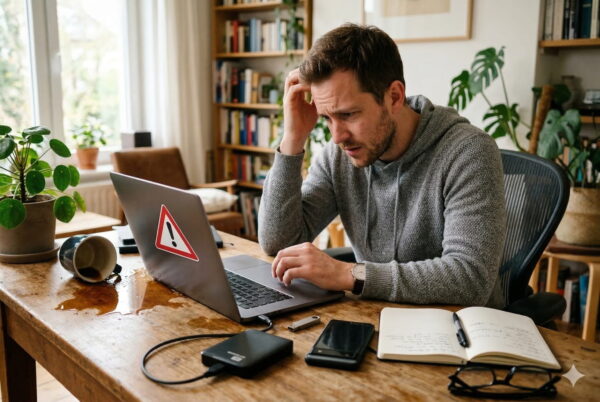 Typische Ursachen für Datenverlust unter Windows – Alltagssituation mit Laptop und externem Speicher