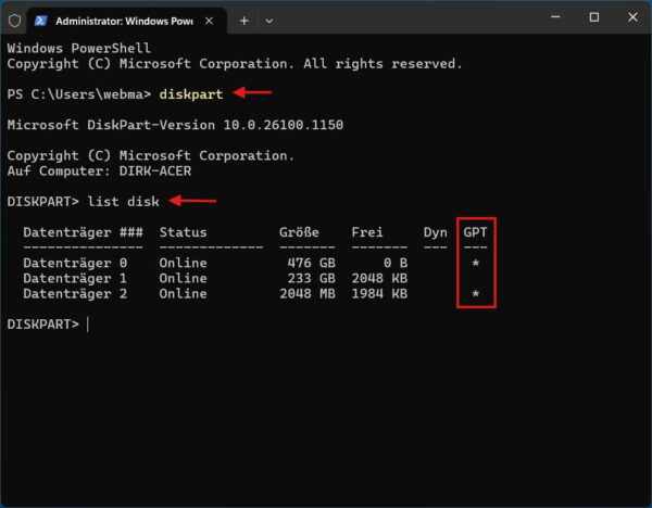 diskpart list disk diskpart list disk mit Sternchen in der GPT-Spalte