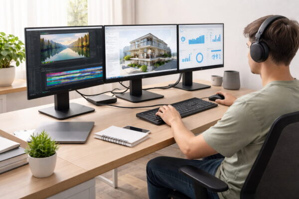 Multi-Monitor Arbeitsplatz mit drei Bildschirmen verbunden über DisplayPort