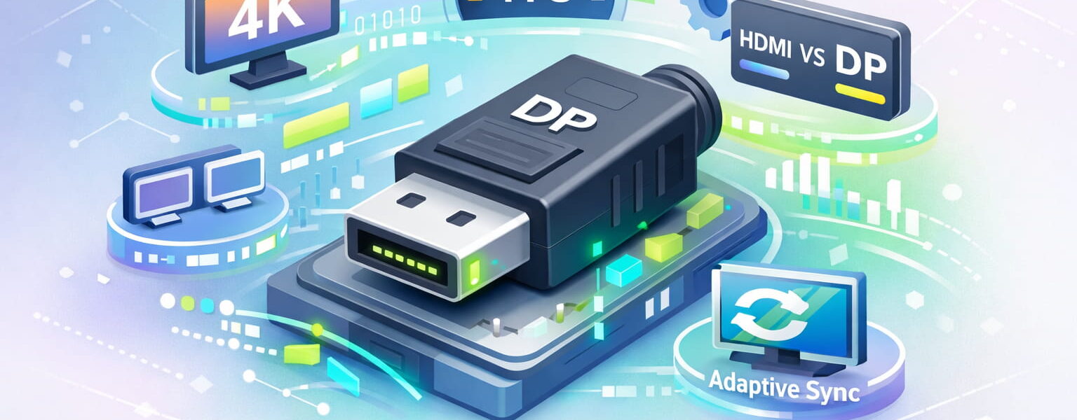 DisplayPort Schnittstelle als 3D Illustration mit Monitor-Symbolen für hohe Auflösung und Bildrate