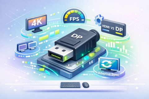 DisplayPort Schnittstelle als 3D Illustration mit Monitor-Symbolen für hohe Auflösung und Bildrate