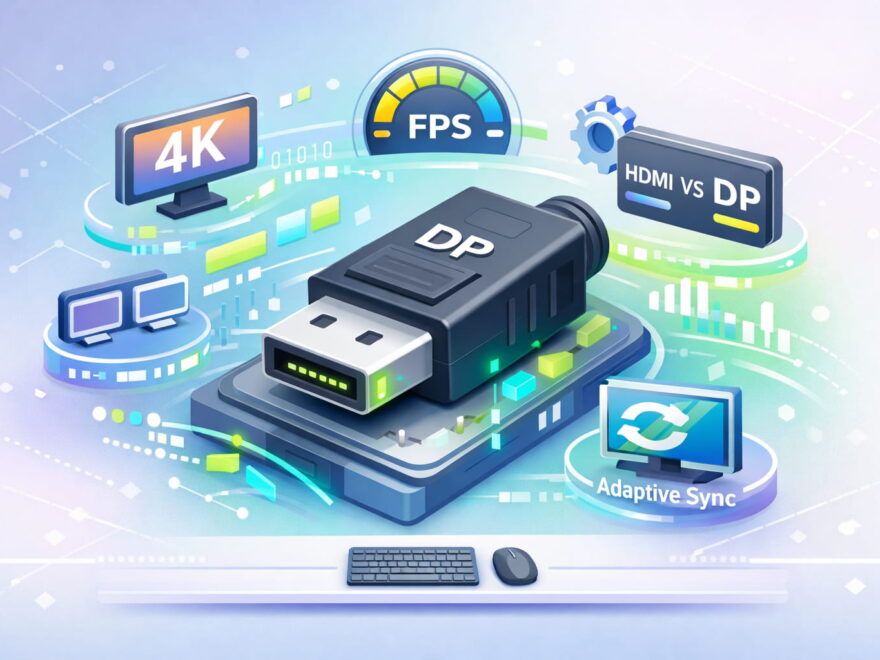 DisplayPort Schnittstelle als 3D Illustration mit Monitor-Symbolen für hohe Auflösung und Bildrate