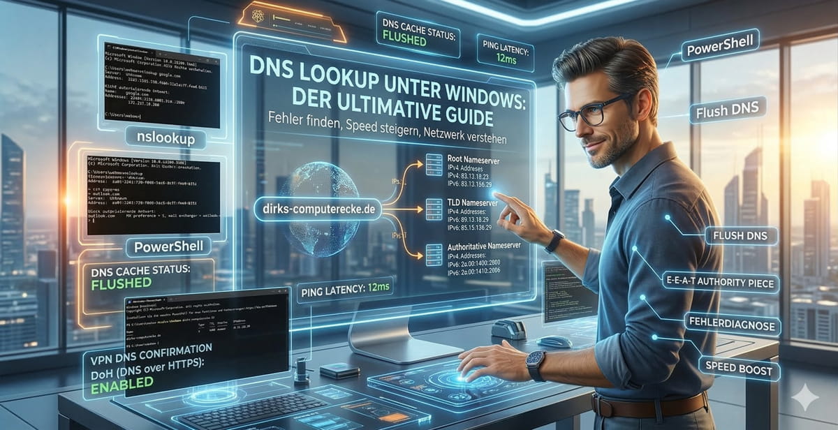 Moderne 3D-Illustration zum Thema DNS Lookup unter Windows mit Icons für nslookup, PowerShell und Netzwerkanalyse.