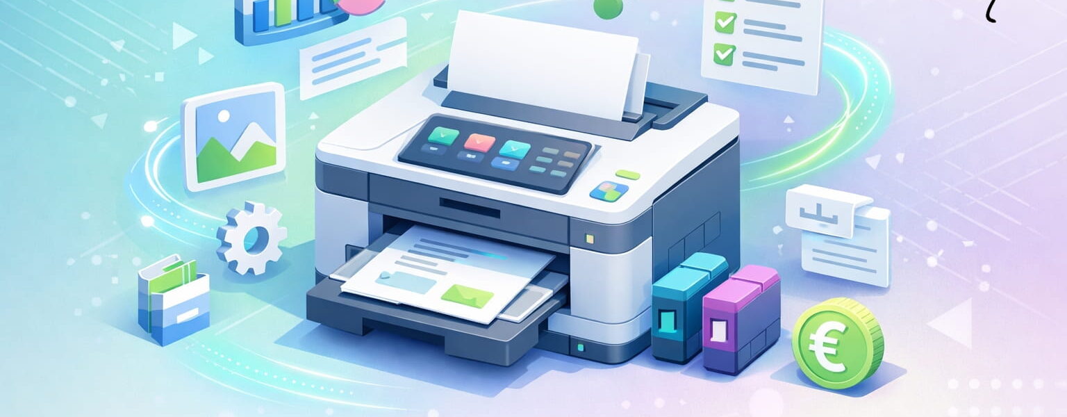 Drucker kaufen leicht gemacht – moderner Drucker mit Funktionen und Kostenübersicht in isometrischer Darstellung