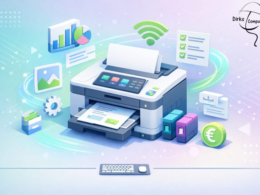 Drucker kaufen leicht gemacht – moderner Drucker mit Funktionen und Kostenübersicht in isometrischer Darstellung