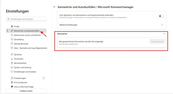 Gespeicherte Passwörter im Microsoft Edge Browser anzeigen in den Einstellungen