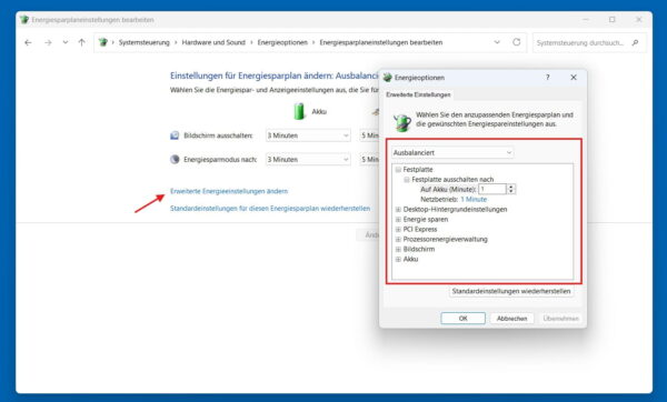 Detaillierte Energiesparplan-Einstellungen anpassen Windows Dialogfenster für erweiterte Energieeinstellungen mit hervorgehobenen Optionen für Festplatte und Prozessor