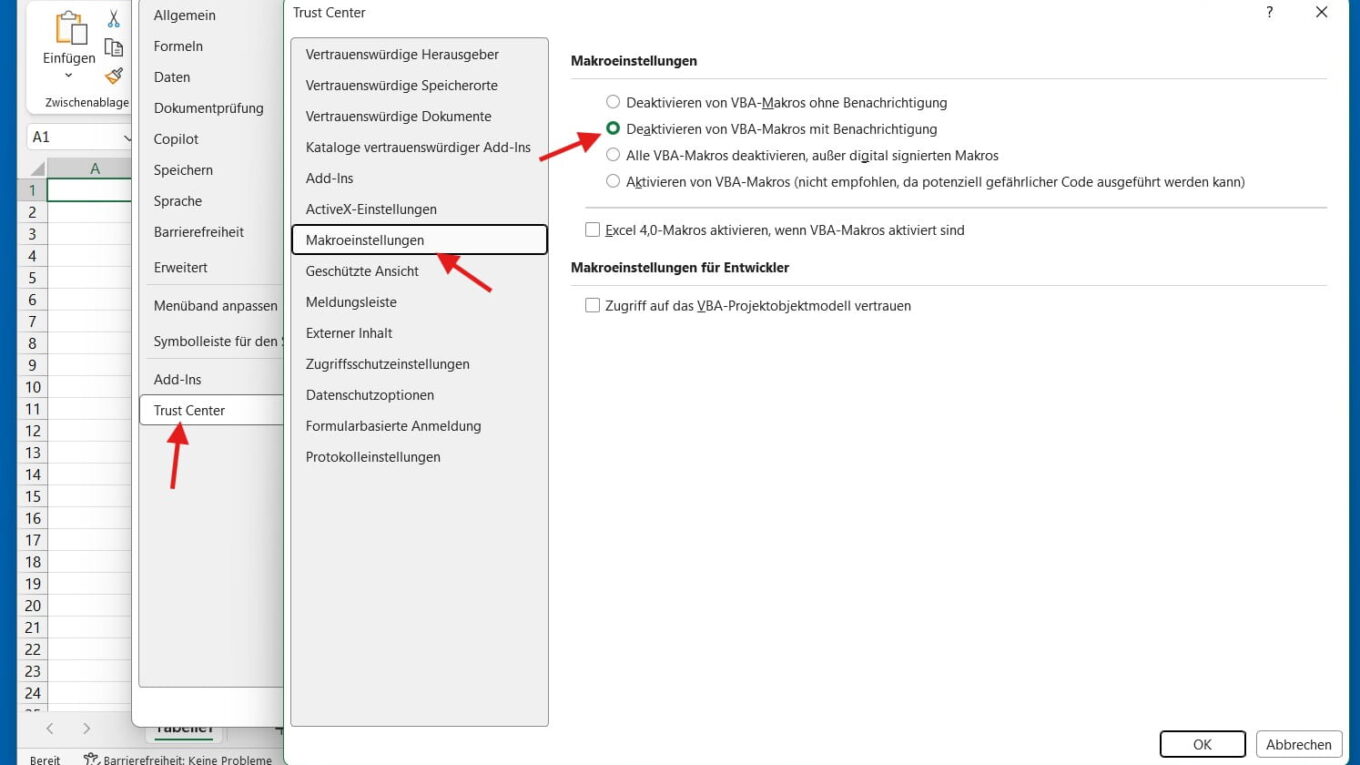 Makros im Excel Trust Center deaktivieren über Sicherheitseinstellungen