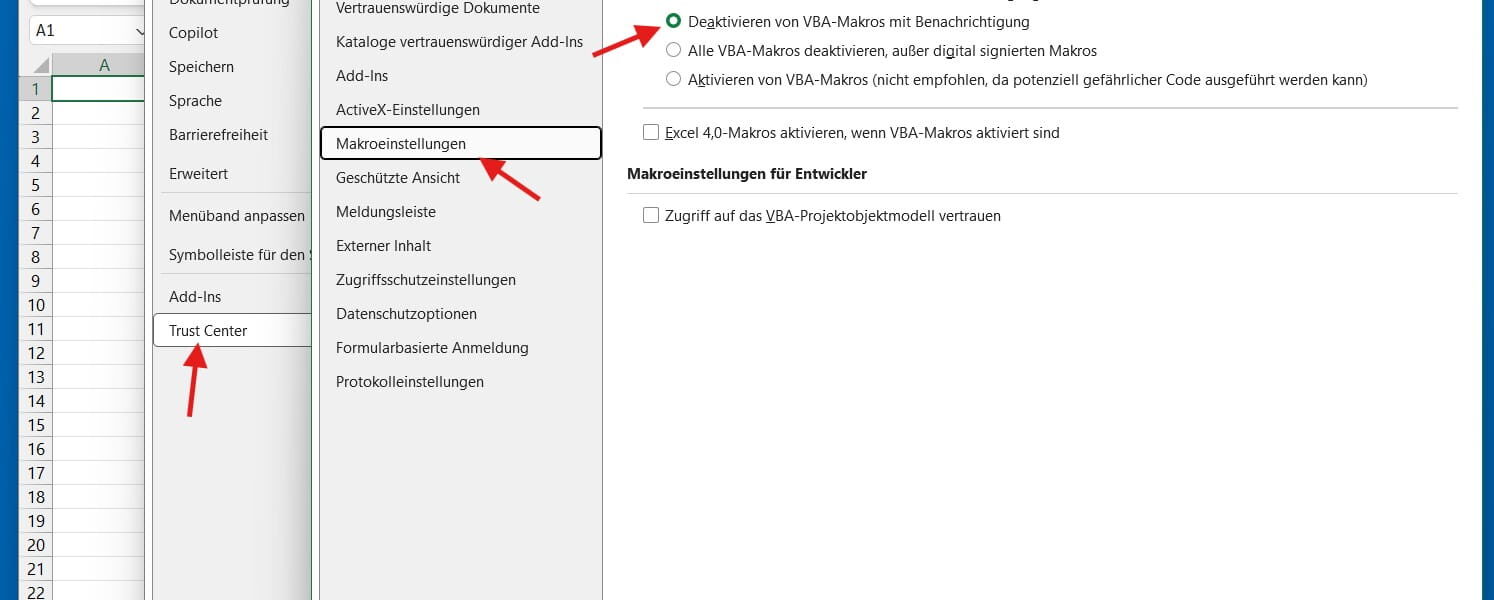 Makros im Excel Trust Center deaktivieren über Sicherheitseinstellungen