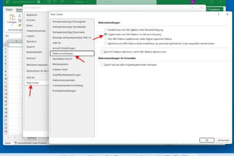 Makros im Excel Trust Center deaktivieren über Sicherheitseinstellungen