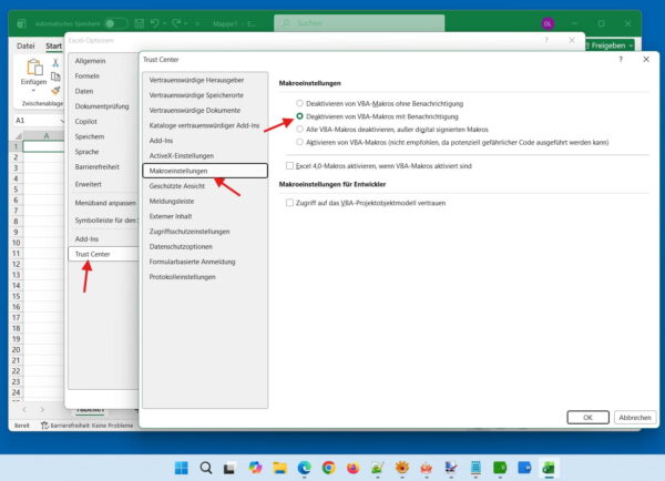 Makros im Excel Trust Center deaktivieren über Sicherheitseinstellungen